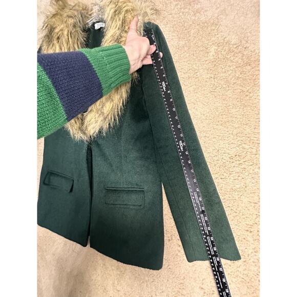 Tobi Wool Blend Blazer Faux Fur Collar Women Forest Green Tan Sz M Holiday Coat - Picture 14 of 14
